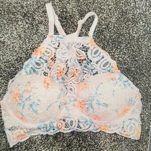 Floral Lace High-Neck Bralette - White with Blue & Coral Floral